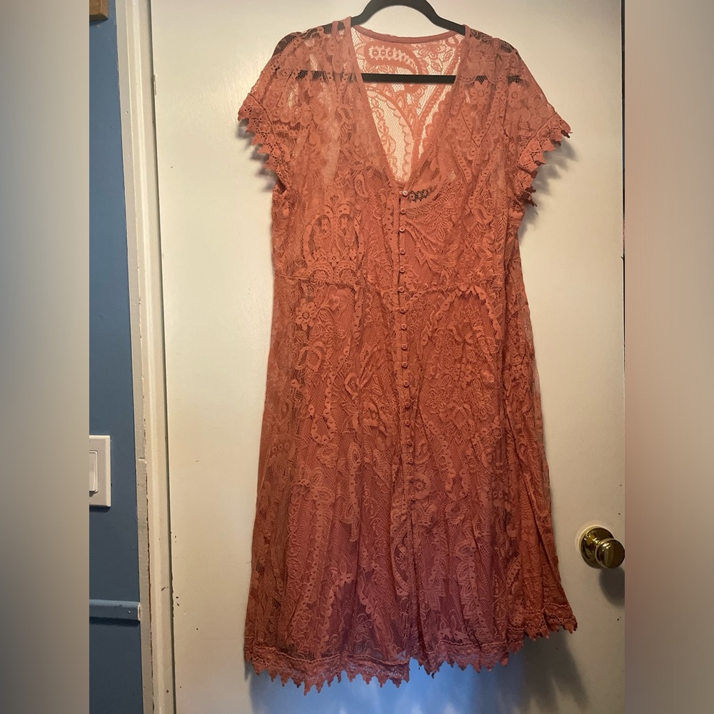 Lace V-Neck Flutter Sleeve Dress in Dusty Rose